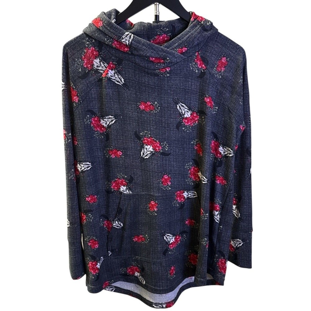 LULAROE AMBER Unicorn Longhorn Skull Red Roses HOODIE FLORAL Horse HTF Large